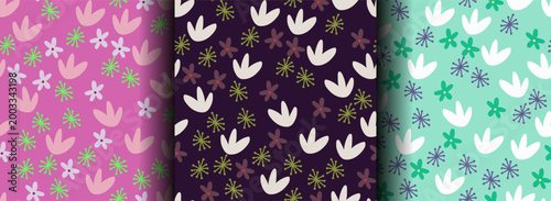 Cute cartoon flower seamless pattern set in three color variations. Bright vector floral backgrounds for fabric, wrapping paper, packaging, wallpaper, nursery and textile design.