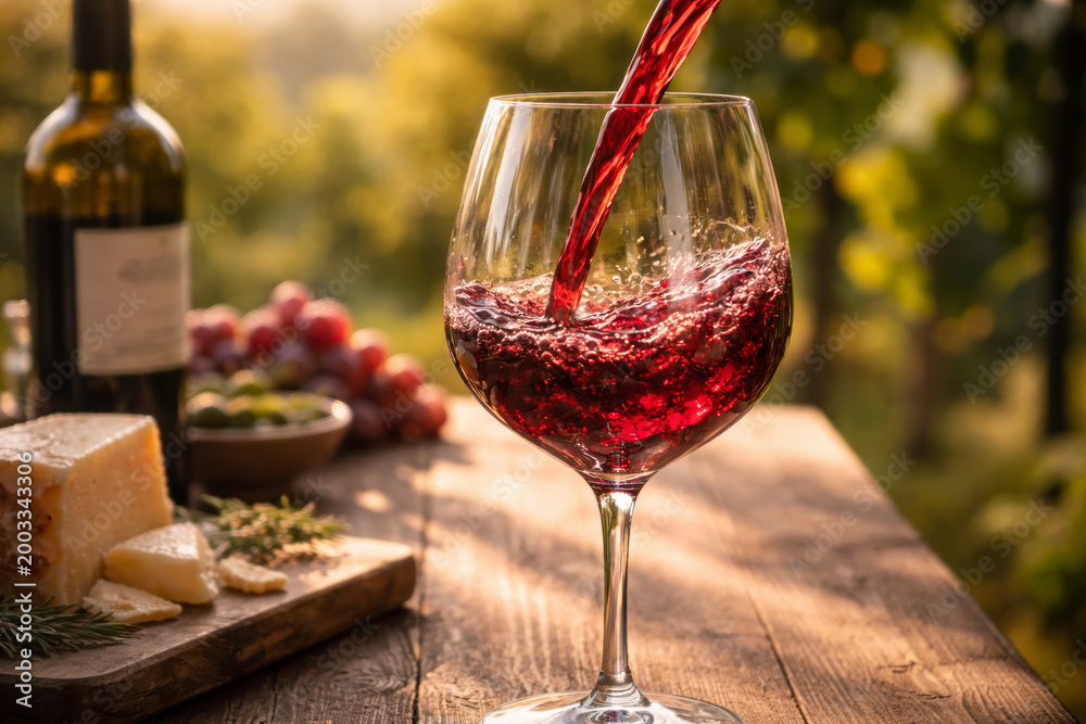 Fototapeta premium Wine pouring into a glass with cheese and grapes nearby