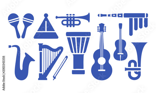 Musical instruments icons bundle in modern flat vector illustration style.