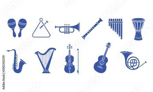 Flat outline musical instruments icon set in simple clean vector style.