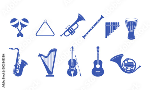 Simple clean musical instruments icon collection in flat vector style.