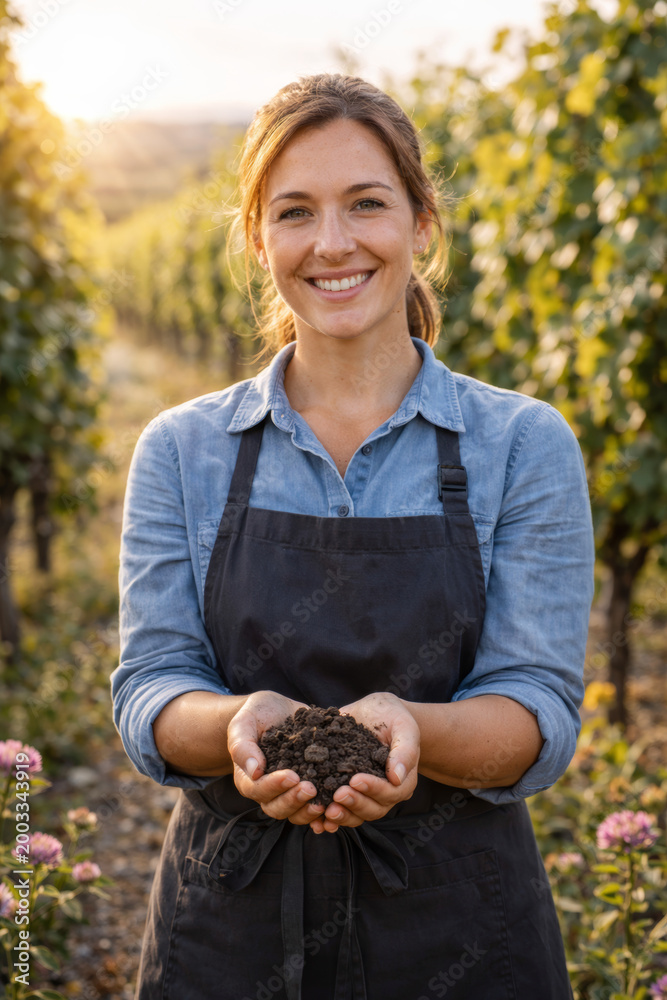 Fototapeta premium Smiling woman holding soil in vineyard during golden hour