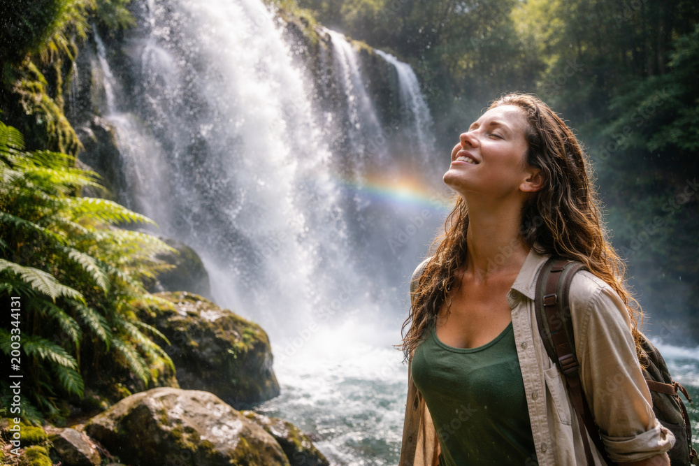 Fototapeta premium Woman enjoying nature near a stunning waterfall with rainbow