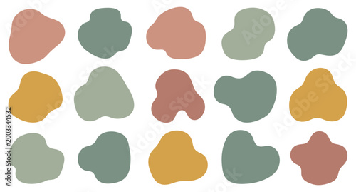 Set of 15 muted earth tone organic blob shapes on white background, abstract organic shapes