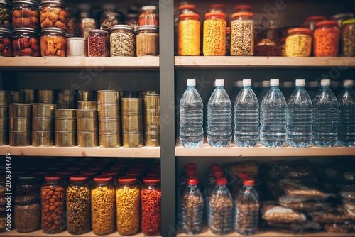 organized food storage in bunker, canned goods, water bottles, dry food supplies neatly arranged on shelves
