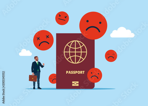 Problem with passport. Biometric passport with angry faces. country's weak and unpopular citizenship. Сlosing of the border. Flat vector illustration.