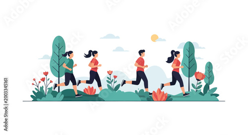 Group of people enjoying outdoor running in a park, promoting a healthy lifestyle.