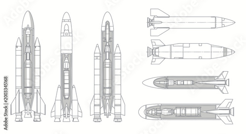 Detailed technical drawings of rockets, space shuttles, and missiles with internal views.