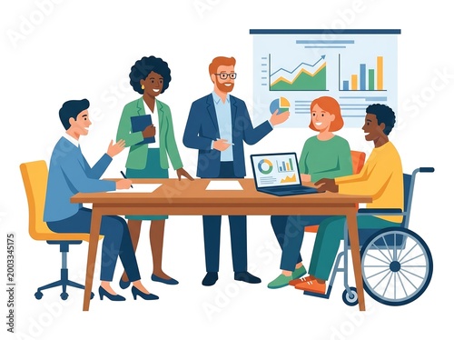 A diverse group of business people including a manager and a woman are sitting at an office table with a laptop and computer for a vector cartoon illustration of a professional meeting