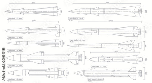 Technical blueprints and diagrams of various missiles and rockets