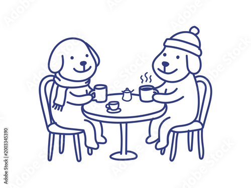 Two cute dogs sitting at a table drinking coffee or tea