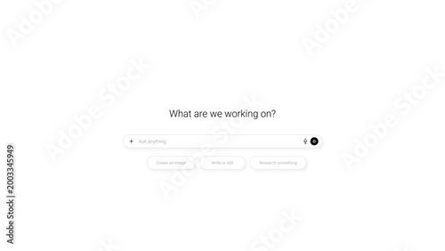 Modern AI chatbot interface with prompt input field, voice controls, and suggested actions like create image, write, and research. Minimal UI design illustrating generative AI  conversational systems