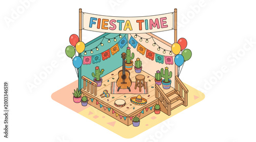 Celebrate the vibrant Cinco de Mayo festival with this festive vector illustration. An isometric stage features a traditional sombrero, guitar, and lively decor
