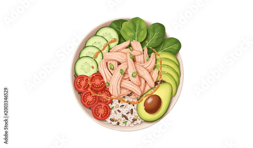 Healthy Salmon Poke Bowl with Avocado Cucumber Tomato and Spinach