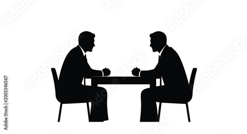 Businessmen silhouette at table facing each other on white background