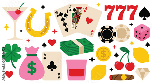 Set of gambling and casino game elements in colorful style. Icons include martini, horseshoe, cards, triple seven, chips, dice, shamrock, money bag, lemon, cherry, cigar, and diamond.