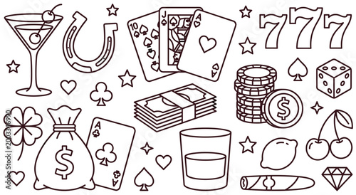 Set of gambling and casino game elements in outline style. Icons include martini, horseshoe, cards, triple seven, chips, dice, shamrock, money bag, lemon, cherry, cigar, and diamond.
