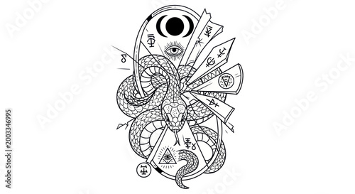 Intricate serpent illustration with celestial elements