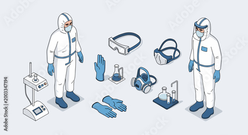 Scientists in protective suits with laboratory equipment illustration.