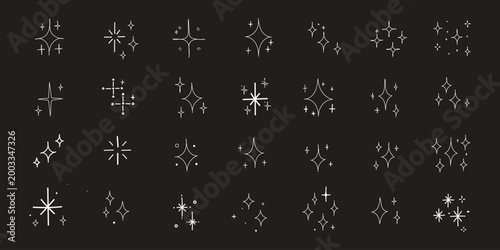 Hand drawn star spark doodle element icon set. Star shape twinkle glitter spark shine crayon grunge brush line icons. Hand drawn sketch doodle style. Light decoration minimalistic aesthete
