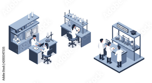 Isometric illustration of scientists conducting experiments in a modern laboratory setting.