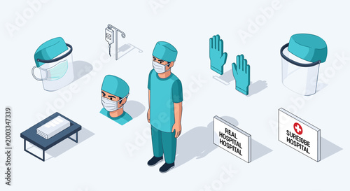 Isometric medical professional with surgical mask and scrubs surrounded by hospital equipment.