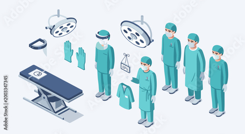 Isometric Operating Room with Surgeons and Medical Equipment.