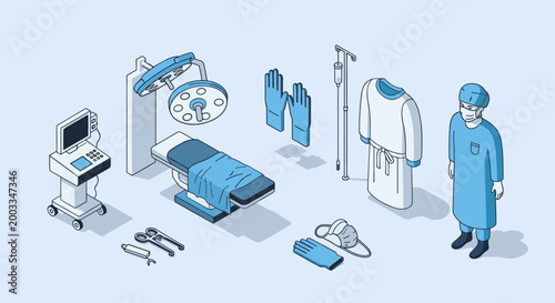 Isometric Medical Equipment and Surgeon in Operating Room Scene.