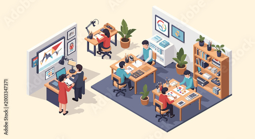Isometric view of a modern office space with people working.