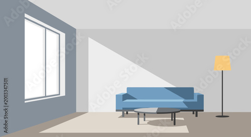 Modern living room interior with blue sofa coffee table and floor lamp.