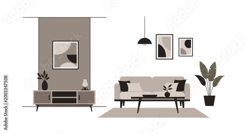 Modern living room interior with stylish furniture and decor.