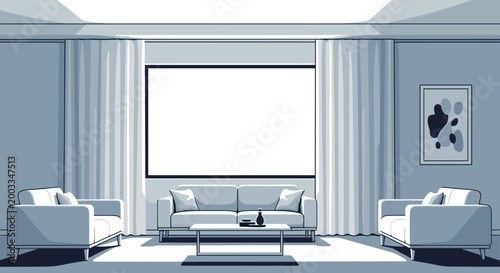 Modern living room with comfortable sofas and armchairs, large blank screen for entertainment.