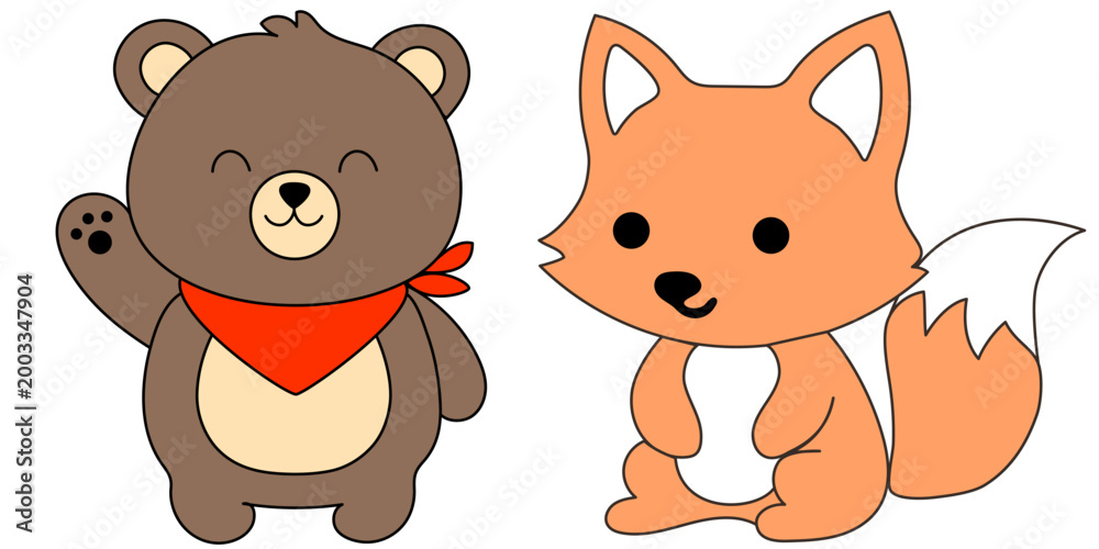Obraz premium Vector illustration of a cute smiling bear wearing a red neckerchief waving hello and a sweet little fox. Flat cartoon style forest animals isolated on white background. Great for children's books.