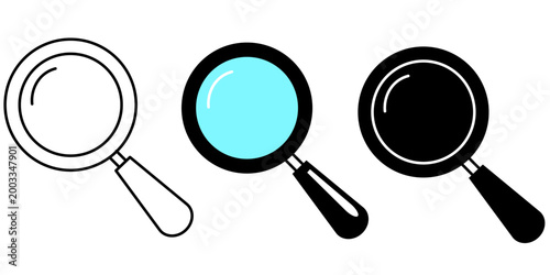 Vector illustration of magnifying glass icons in three styles: thin line, flat blue design, and solid black silhouette. Concepts of searching, discovery, investigation, and analysis.