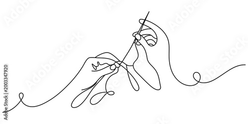 Silhouette of female hands threading a needle, modern style, drawn in single line. Solid line art for decorative sketches, posters, wall hangings, stickers, logos. Vector illustration.