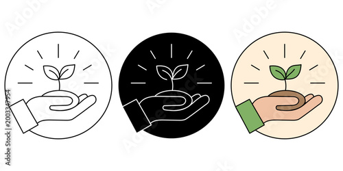 Vector icons showing a human hand holding a small sprout with a dollar coin and shining rays. Represents startup funding, organic growth, green economy, and environmental care.