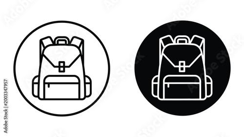 White backpack with suitcase icon set on contrasting backgrounds