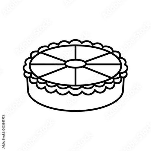 Black and white wedding cake top view with scalloped edges and floral design