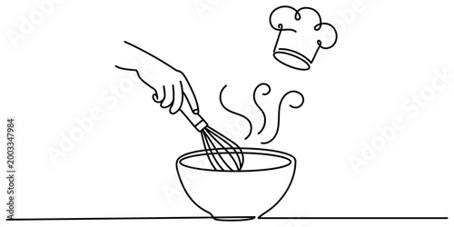 Minimalist vector illustration of a hand using a whisk in a bowl with a chef hat and steam. Cooking process concept for bakery, restaurant menu, or culinary blog.