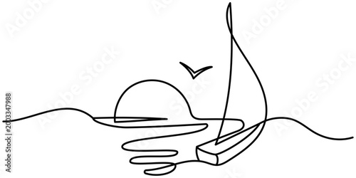 A vector illustration of a sailboat floating on the waves against the backdrop of the sun and a flying bird. Drawn in a single line, this landscape is perfect for travel. Editable outline.