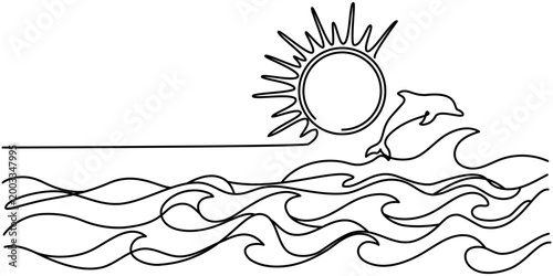 Minimalistic vector single-line illustration of a dolphin jumping out of the water against a sunny background. Concept related to marine life and freedom.