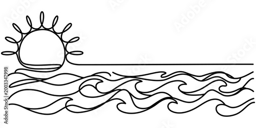 Minimalistic vector illustration of sea waves and a sun on the horizon. Concept of marine life and summer adventures. Single line drawing.