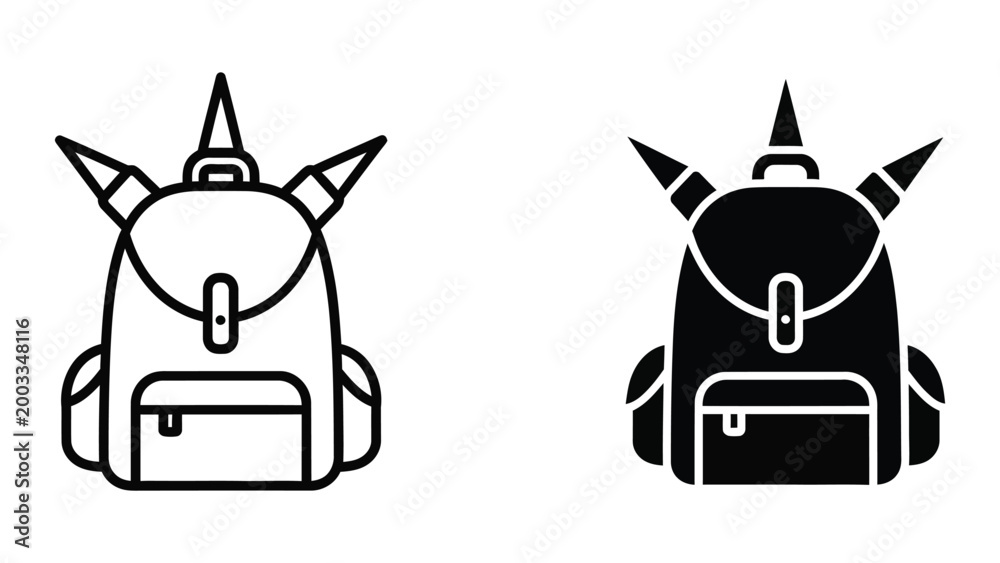 Naklejka premium Black and white stylized backpack with horns icon