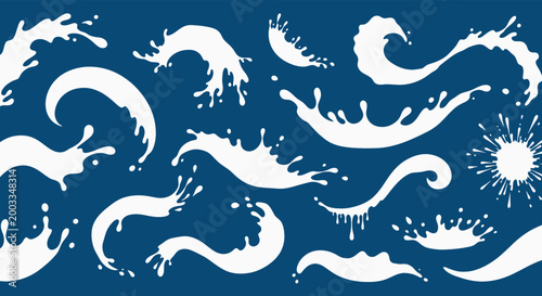 White liquid splashes and drips on deep blue background