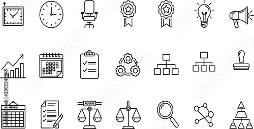 Set of black and white business and office line icons