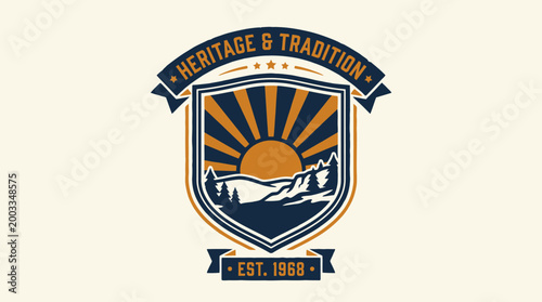 Photos Vintage badge design featuring a sun rising over mountains, symbolizing heritage