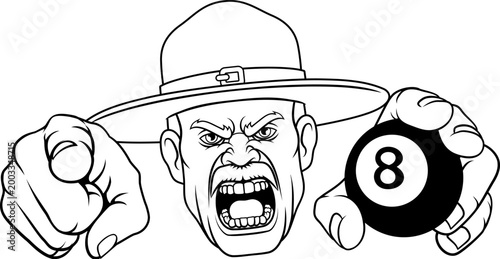 An angry drill instructor or sergeant bootcamp army soldier cartoon character holding billiards pool 8 ball and pointing sports team mascot illustration.