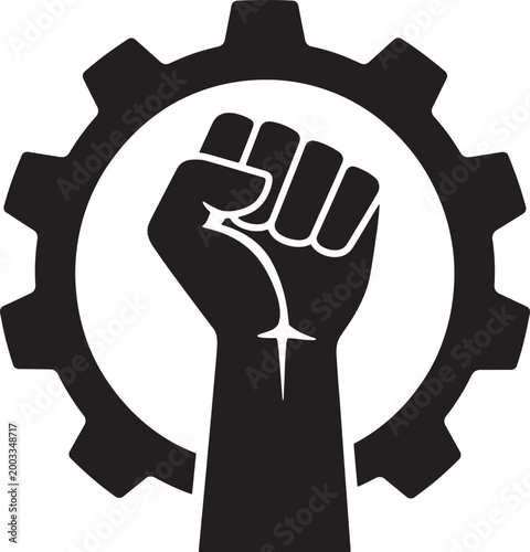 Fist raised in front of a gear symbol with industry strength clenched illustration revolution machinery mechanical teamwork industrial foundation