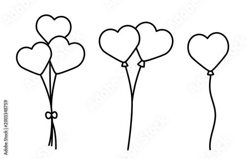 Set of heart shape balloon outline coloring page template.
Cute Simple Love Balloons Line Art.
White background.