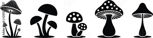 Mushroom, illustration set, hand drawn cute mushroom vectors in black and white sketch style isolated on white for nature art and creative design projects.